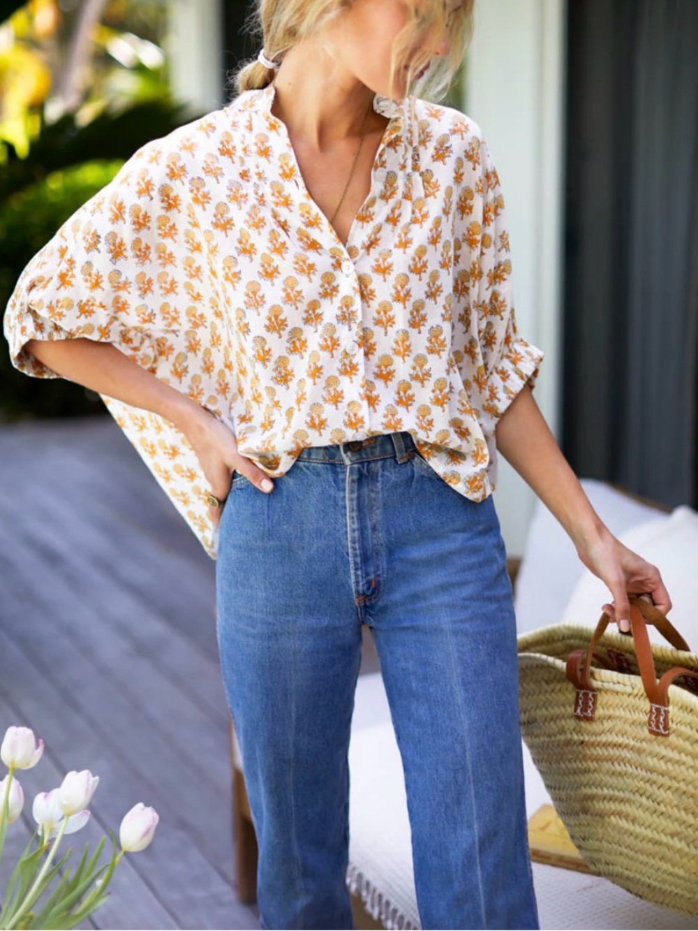 Emerson Fry India Collection Mandarin Collar Top Yellow Marigolds One Size Boho
